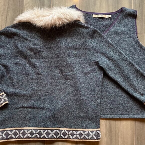 Purplish blue sleeveless top & cardigan with beaded embroidery/faux fur collar - Picture 4 of 14